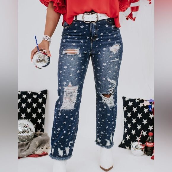 New Star Print Distressed Mom Jeans - Picture 1 of 11